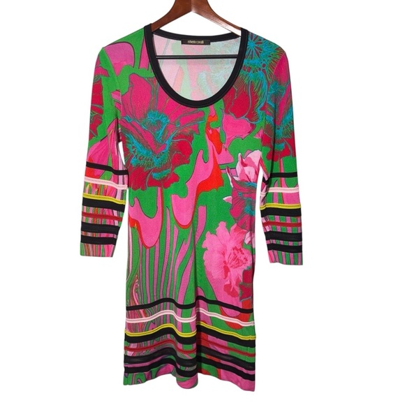 Roberto Cavalli Printed Scoop Neck Long Sleeve Mini Dress Size 44/ Size 8 - Picture 2 of 16